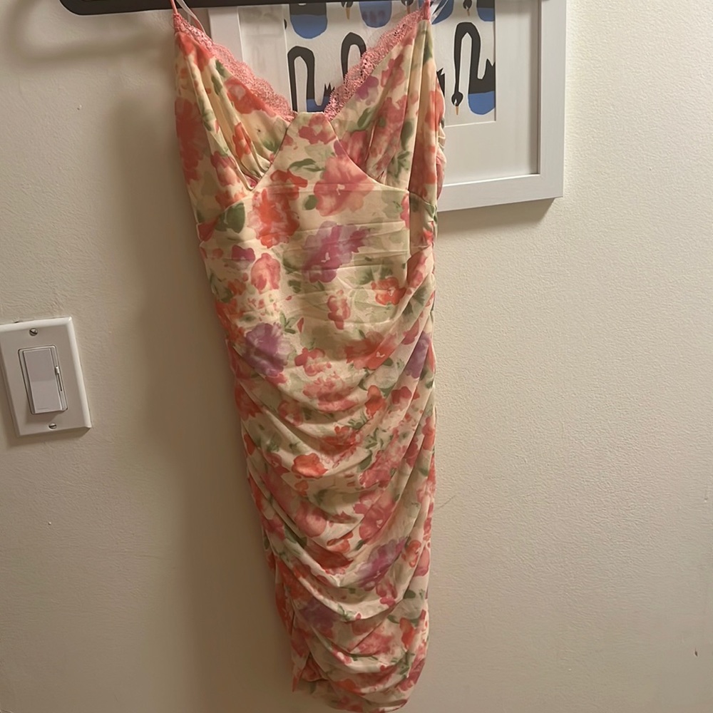 Princess polly yellow and pink floral ruched mini dress